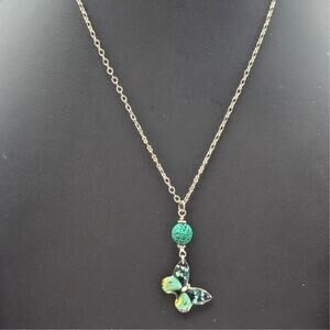Silver Tone Teal Aromatherapy Butterfly Lava Stone 20" Necklace